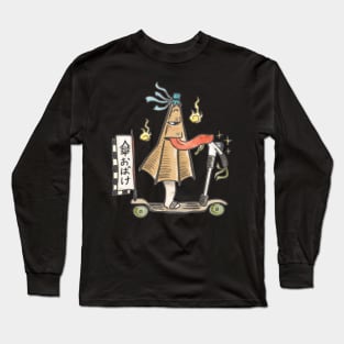 Funny Japanese folklore creature KasaObake riding scooter! Long Sleeve T-Shirt